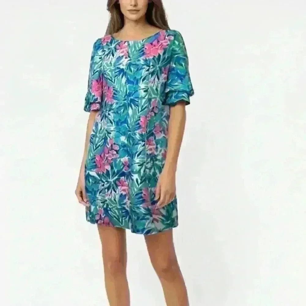 Pappagallo Tropical Floral Ruffle Sleeve Dress Size Medium